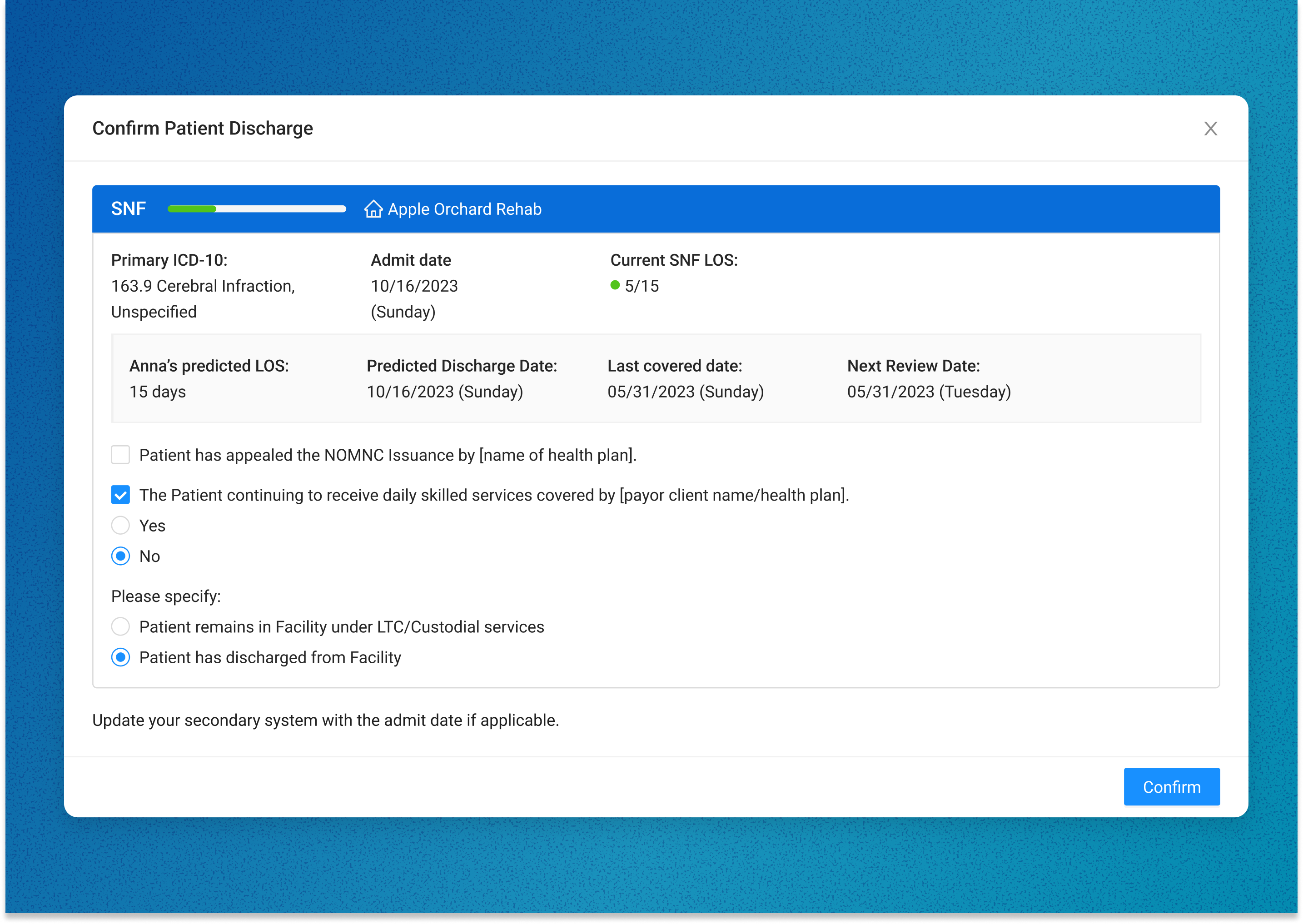 PAA confirm patient discharge modal